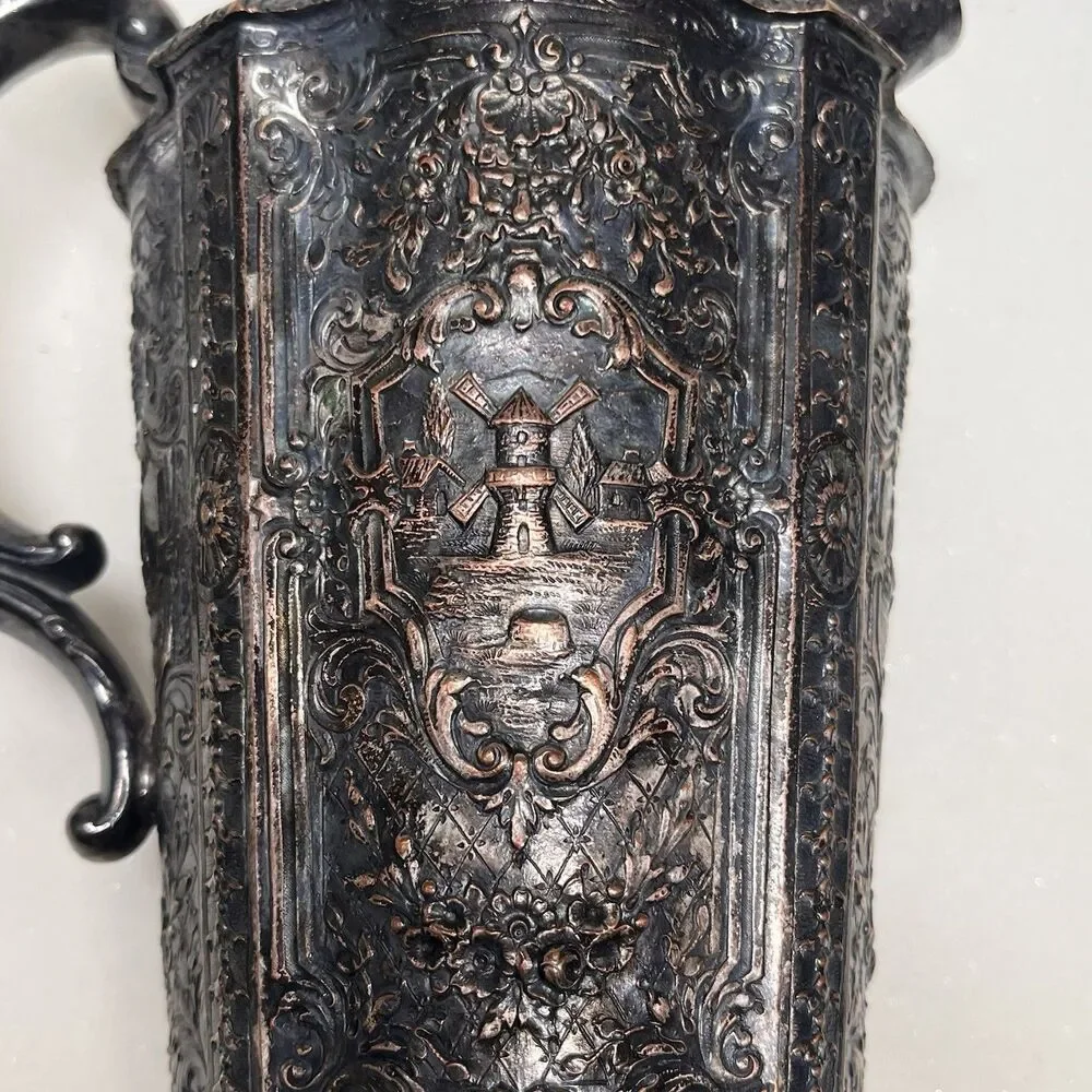 Antique E.G. Webster & Sons Silver Plated Cocktail Shaker & Cup Dutch Repousse